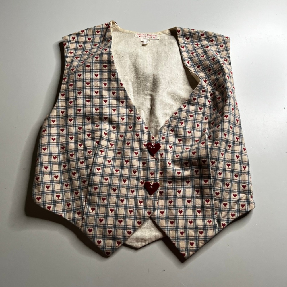 Hearts & Homespan Vintage 90s Plaid Heart Print Cotton Vest Blue‎ Red Small